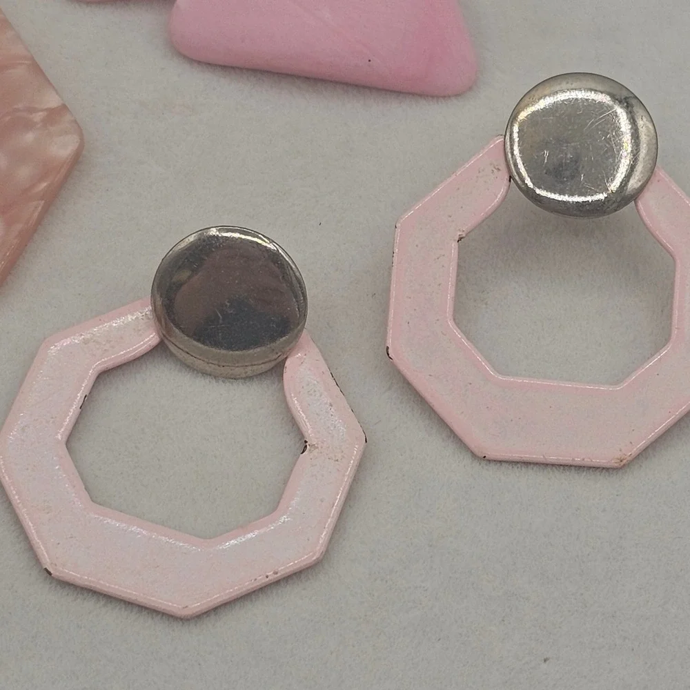 Vintage Geometric Pink Earring Lot 4 Pairs Gold Silver Tones Retro Mod Jewelry